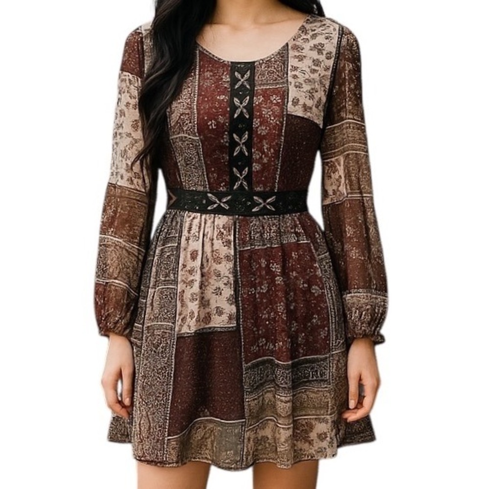 Hommage Women's Patchwork Long Sleeve Mini Dress Size Medium Red Black Tan‎